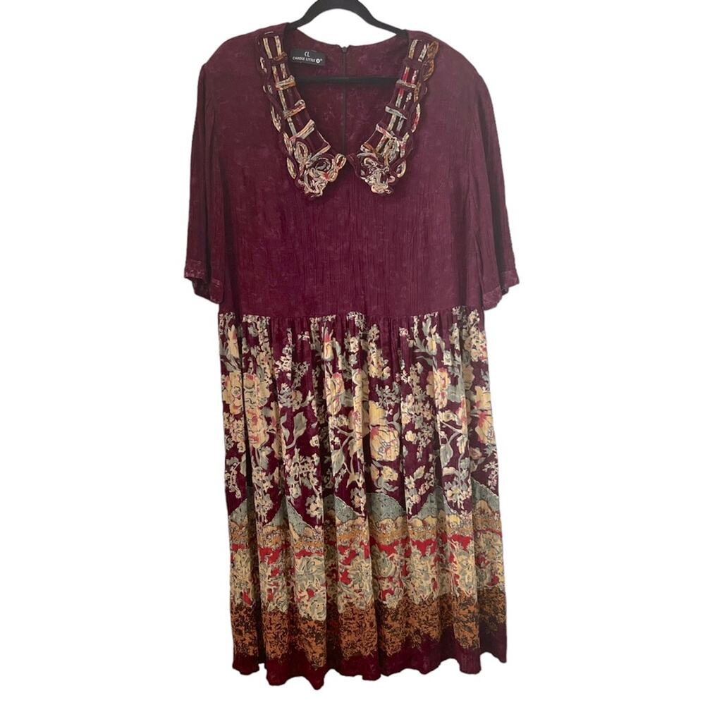 Carole Little Burgundy Floral Boho Midi Dress Vintage Hippie Ms. Honey 90s Teach